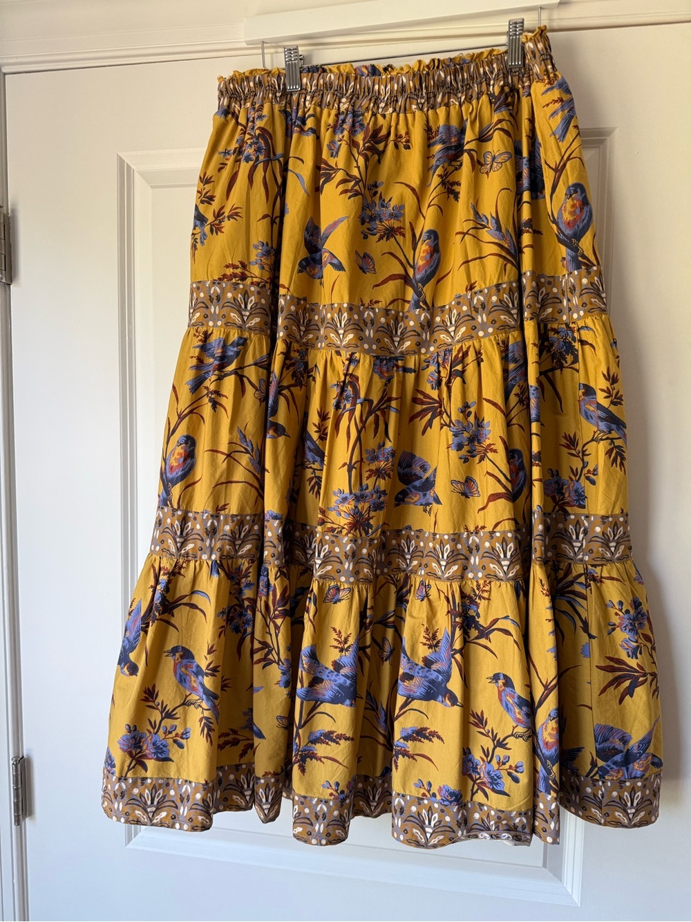 Sundance Parisian Menagerie Tiered Bird Print Midi Skirt in Mustard, Lined, XL - Picture 2 of 14